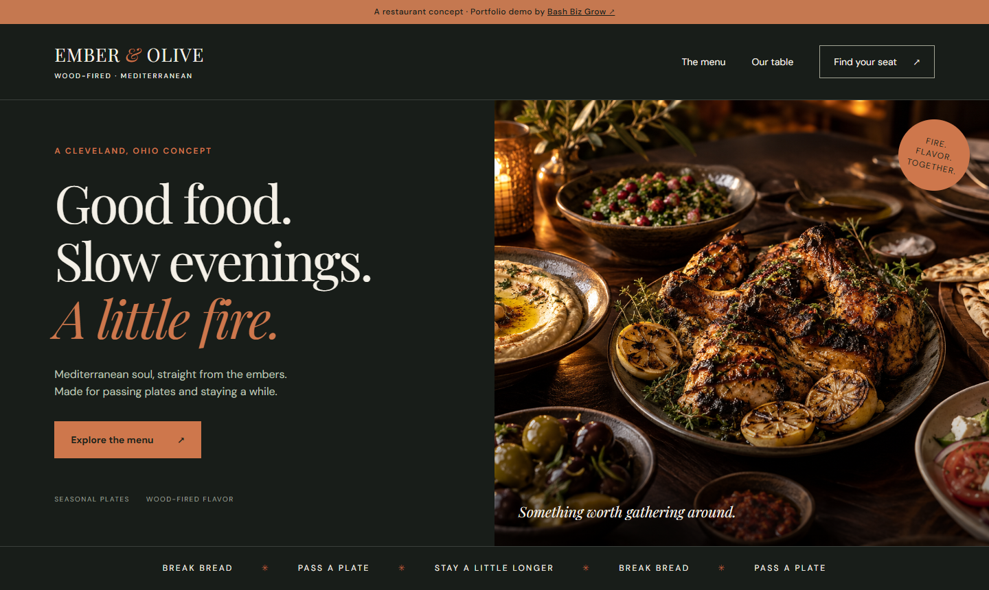 Ember and Olive demo website with warm colors and food photography
