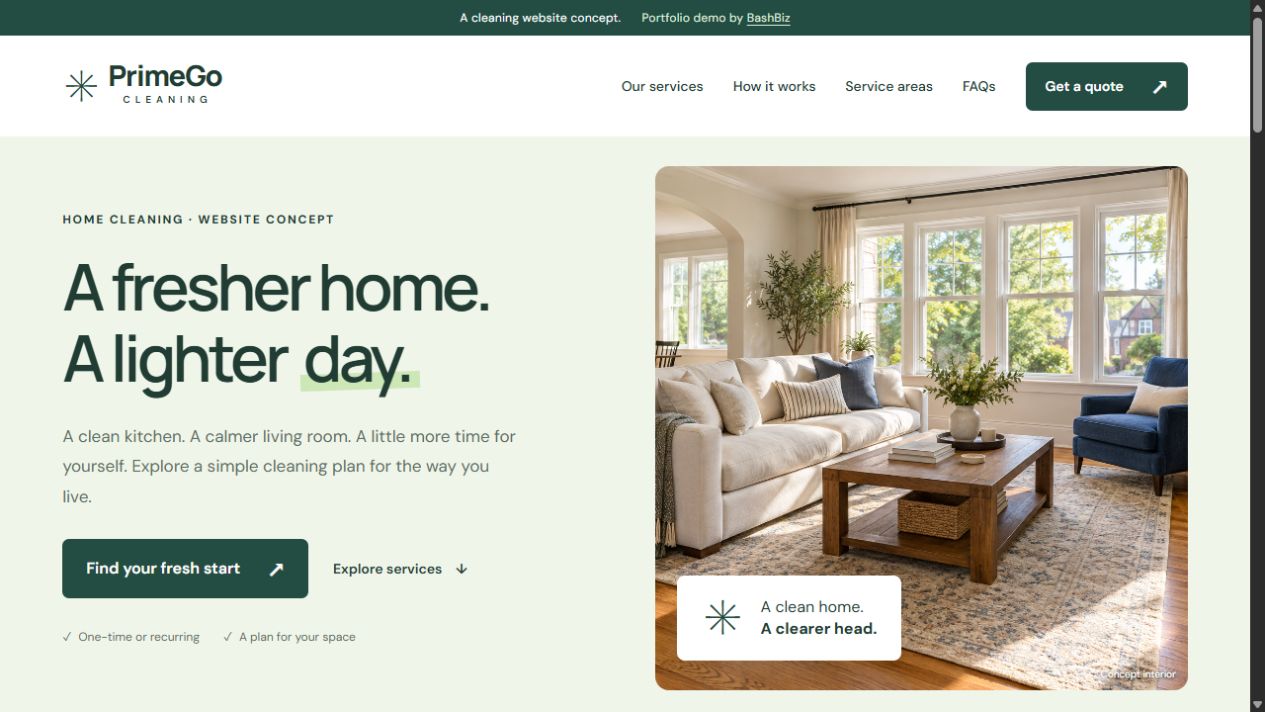 PrimeGo Cleaning demo website with a calm green layout and a bright home interior